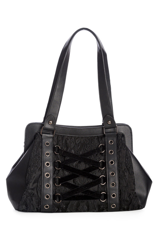 Schwarze Handtasche ANEMONE HANDBAG Black mit Brokatmuster und dekorativer Samtschnürung von Banned