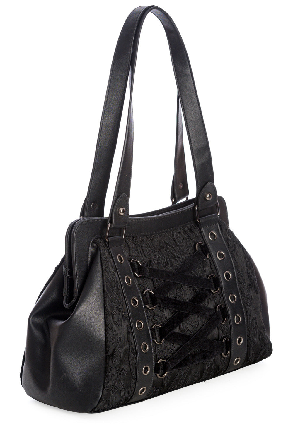 Schwarze Handtasche ANEMONE HANDBAG Black mit Brokatmuster und dekorativer Samtschnürung von Banned