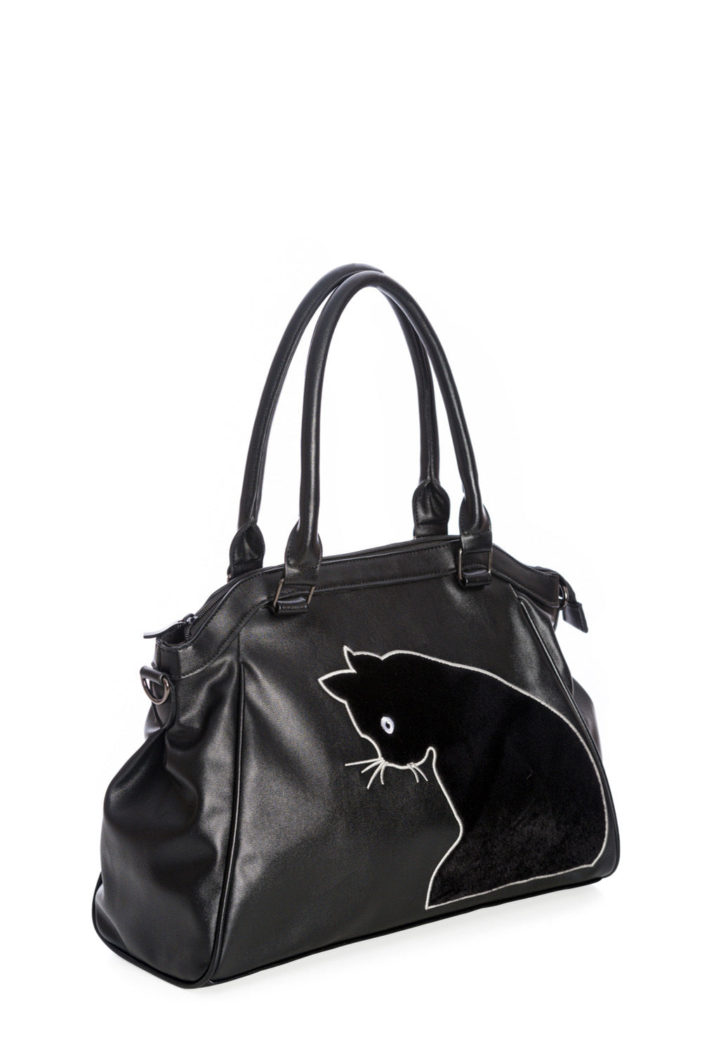 Schwarze Handtasche SABRINA HANDBAG aus Kunstleder mit Katzenmuster aus Samt von Banned