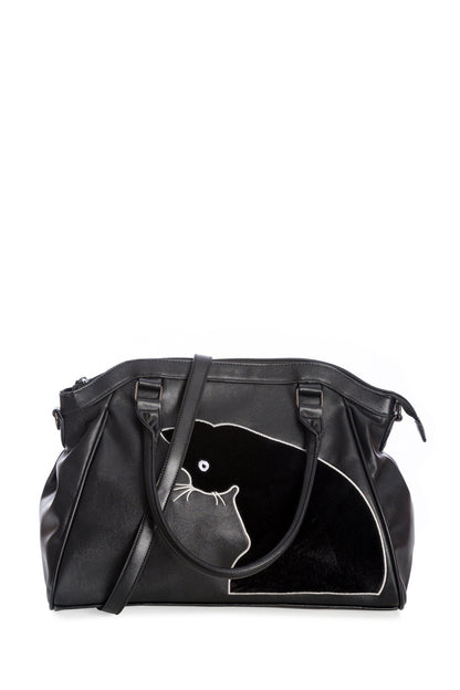 Schwarze Handtasche SABRINA HANDBAG aus Kunstleder mit Katzenmuster aus Samt und langem Riemen von Banned