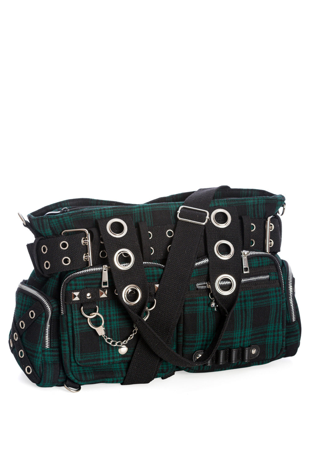 Grün-karierte Handtasche CAMDYN HANDBAG Green mit Handschellendetail, mehreren kleinen Seitentaschen und vielen Zier-Ösen von Banned