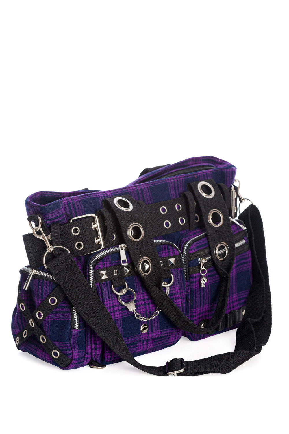 Lila-karierte Handtasche CAMDYN HANDBAG Purple mit Handschellendetail, mehreren kleinen Seitentaschen und vielen Zier-Ösen von Banned