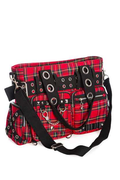 Rot-karierte Handtasche CAMDYN HANDBAG Red mit Handschellendetail, mehreren kleinen Seitentaschen und vielen Zier-Ösen von Banned
