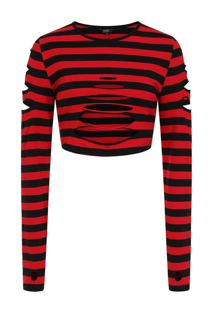 Rot-schwarz-gestreiftes, bauchfreies Langarmshirt CHANTREA TOP mit Zierschnitten an Armen und Bauch von Banned