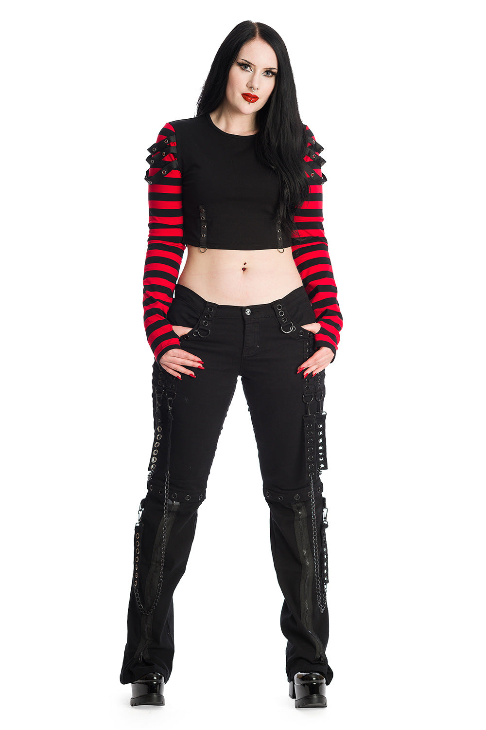 Schwarze Hose HELLBOUND TROUSERS BLACK mit Riemen und abnehmbaren Hosenbeinen von Banned