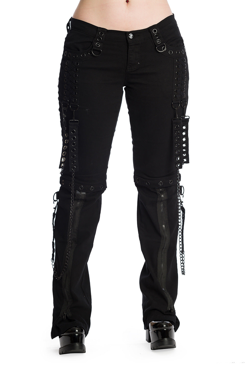 Schwarze Hose HELLBOUND TROUSERS BLACK mit Riemen und abnehmbaren Hosenbeinen von Banned