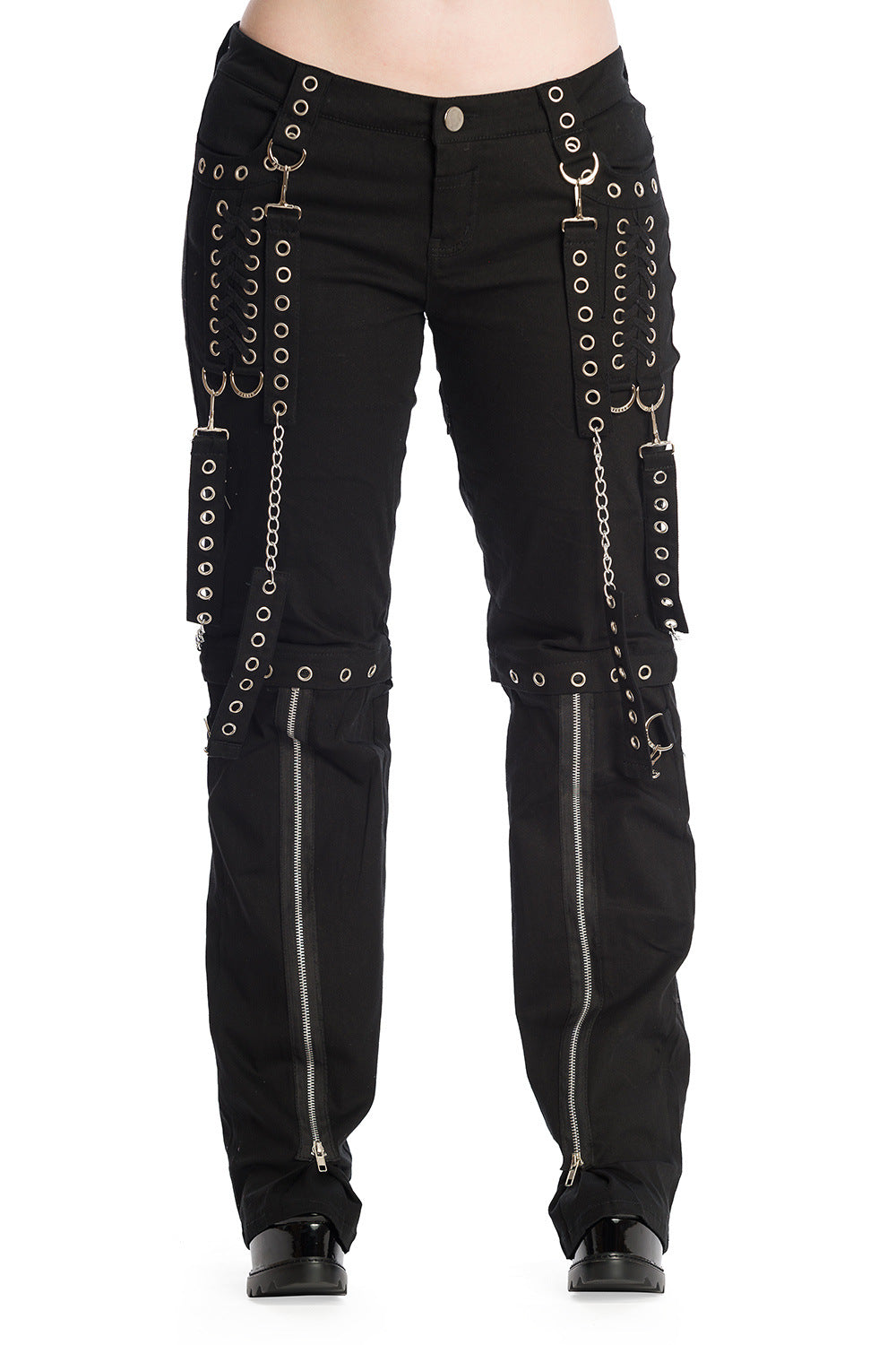 Schwarze Hose HELLBOUND TROUSERS BLACK mit Riemen und abnehmbaren Hosenbeinen von Banned