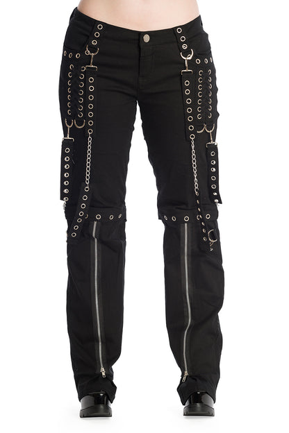 Schwarze Hose HELLBOUND TROUSERS BLACK mit Riemen und abnehmbaren Hosenbeinen von Banned