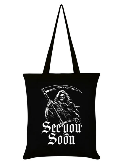 Schwarzer Stoffbeutel Reaper See You Soon Tote Bag mit Sensemannprint