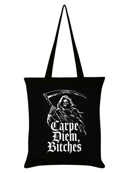 Schwarzer Stoffbeutel Reaper Carpe Diem, Bitches Tote Bag mit Sensemannprint