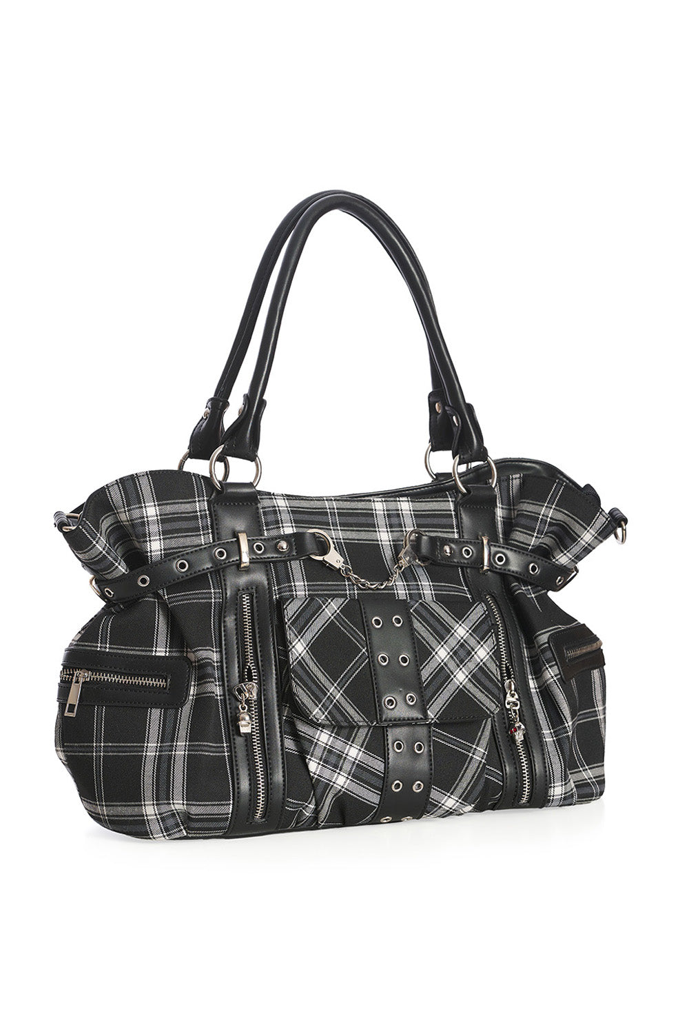 Schwarz-weiß-karierte Handtasche BLACK/WHITE RISE UP BAG mit Handschellendetail und Seitentaschen von Banned