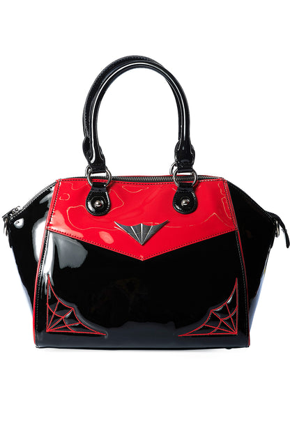 Rot-schwarze Lacktasche MAYBELLE HANDBAG Red mit Spinnenwebendetails und Schulterriemen von Banned
