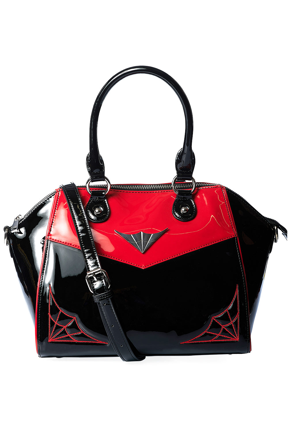 Rot-schwarze Lacktasche MAYBELLE HANDBAG Red mit Spinnenwebendetails und Schulterriemen von Banned