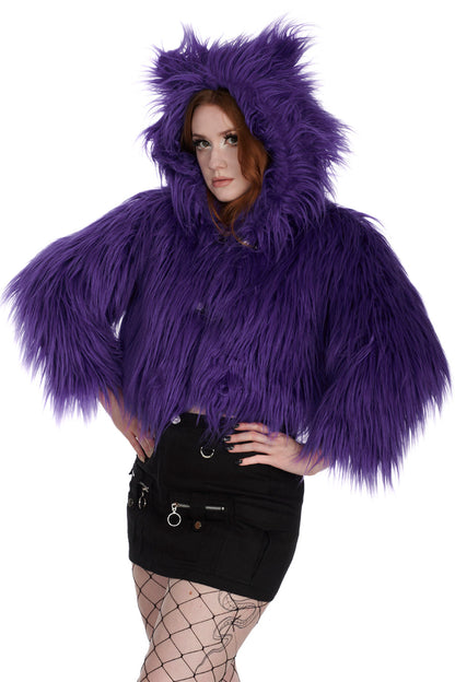 Lilafarbende Kunstfelljacke BUFFY FUZZY JACKET Purple mit großer Kapuze mit Ohren von Banned