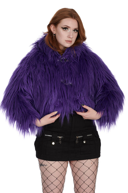 Lilafarbende Kunstfelljacke BUFFY FUZZY JACKET Purple mit großer Kapuze mit Ohren von Banned