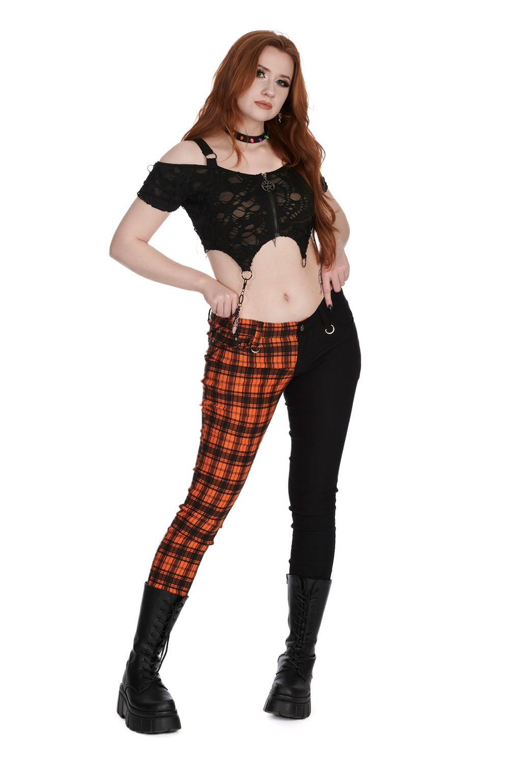Banned Half Tartan Skinny Jeans Orange Colours Shop