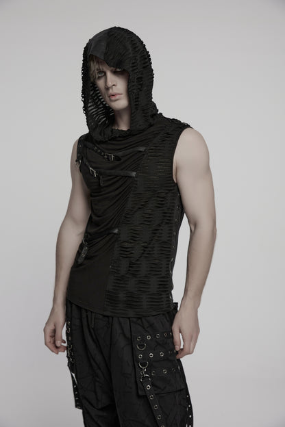 Figurbetontes, ärmelloses Top CHAOS CREW SLEEVELESS TOP im asymmetrischem Design mit Kapuze von Punk Rave