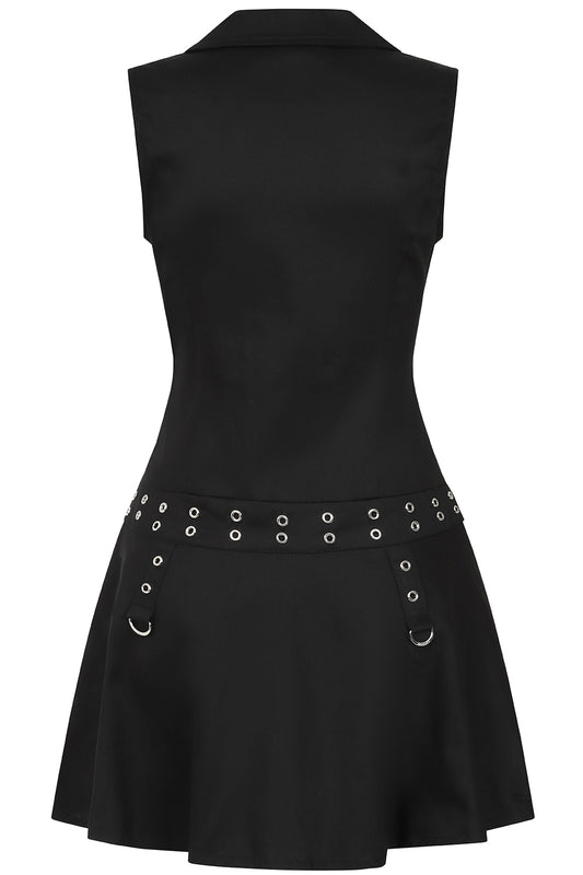 Schwarzes, kurzes Kleid BLACK ASTRID DRESS mit Schnallen und Ösendetails an der Vorderseite von Banned