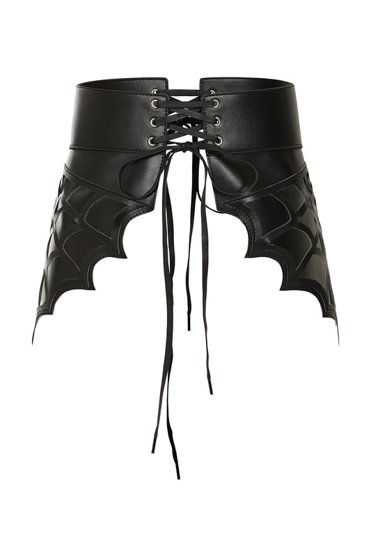 Schwarzer Korsetgürtel BLACK TWILIGHT TIME CORSET BELT mit Spinnennetzmuster an den Seiten und Schnürung vorne sowie hinten von BANNED