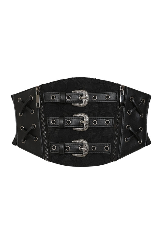 Schwarzer Taillengürtel FADING ANGEL BELT BLACK mit Schnallen und Schnurdetails an der Vorderseite von BANNED