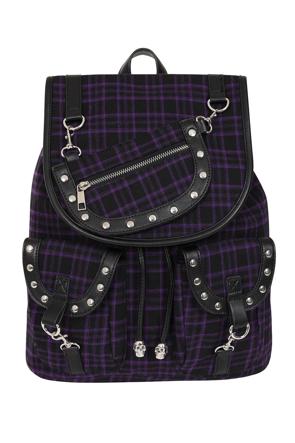 Front Schwarzer Rucksack YAMY BACKPACK PURPLE mit violettem kariertem Muster und mehreren Taschen von Banned