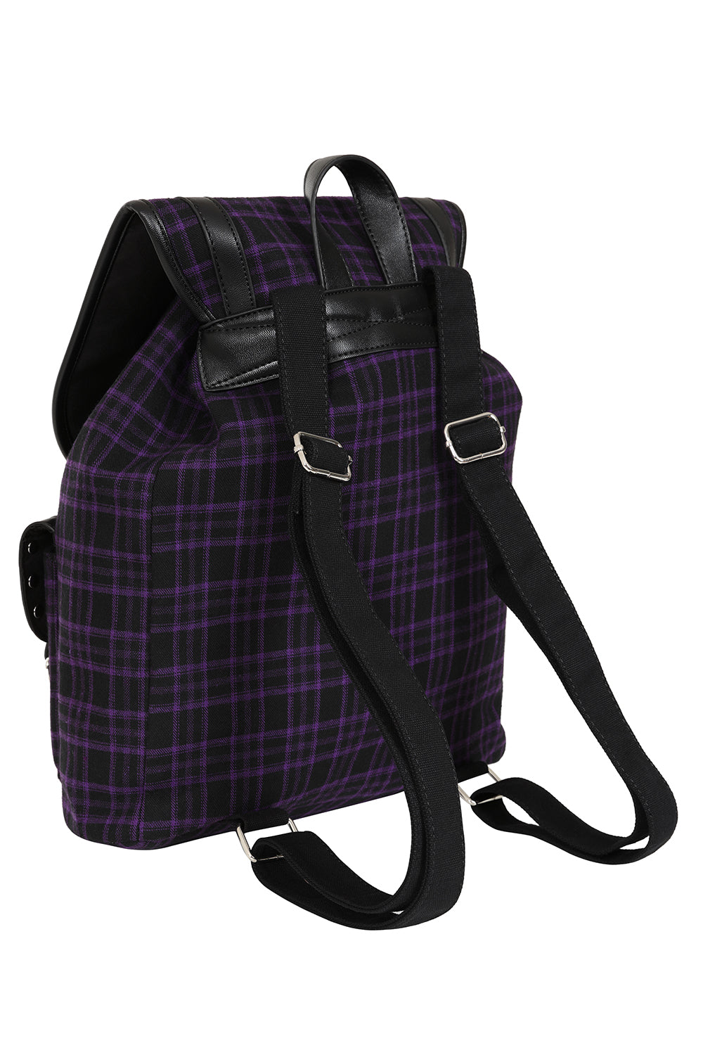 Rückansicht Schwarzer Rucksack YAMY BACKPACK PURPLE mit violettem kariertem Muster und mehreren Taschen von Banned