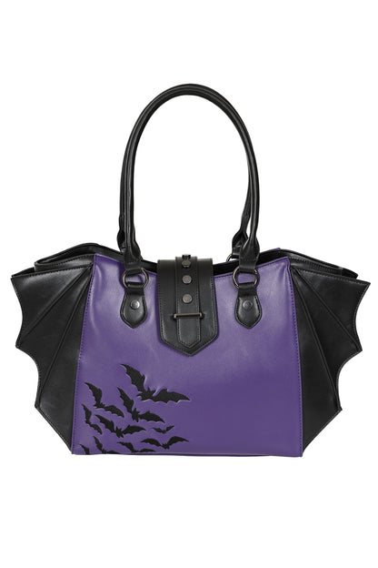 schwarze Tote Bag mit Fledermaus-Prägung auf violettem Grund