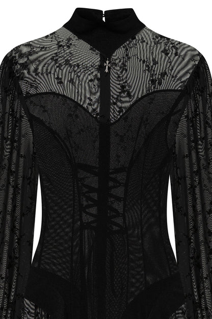 Schwarzes Kleid MALEFICA DRESS mit Schnürung und Meshstoff von Banned