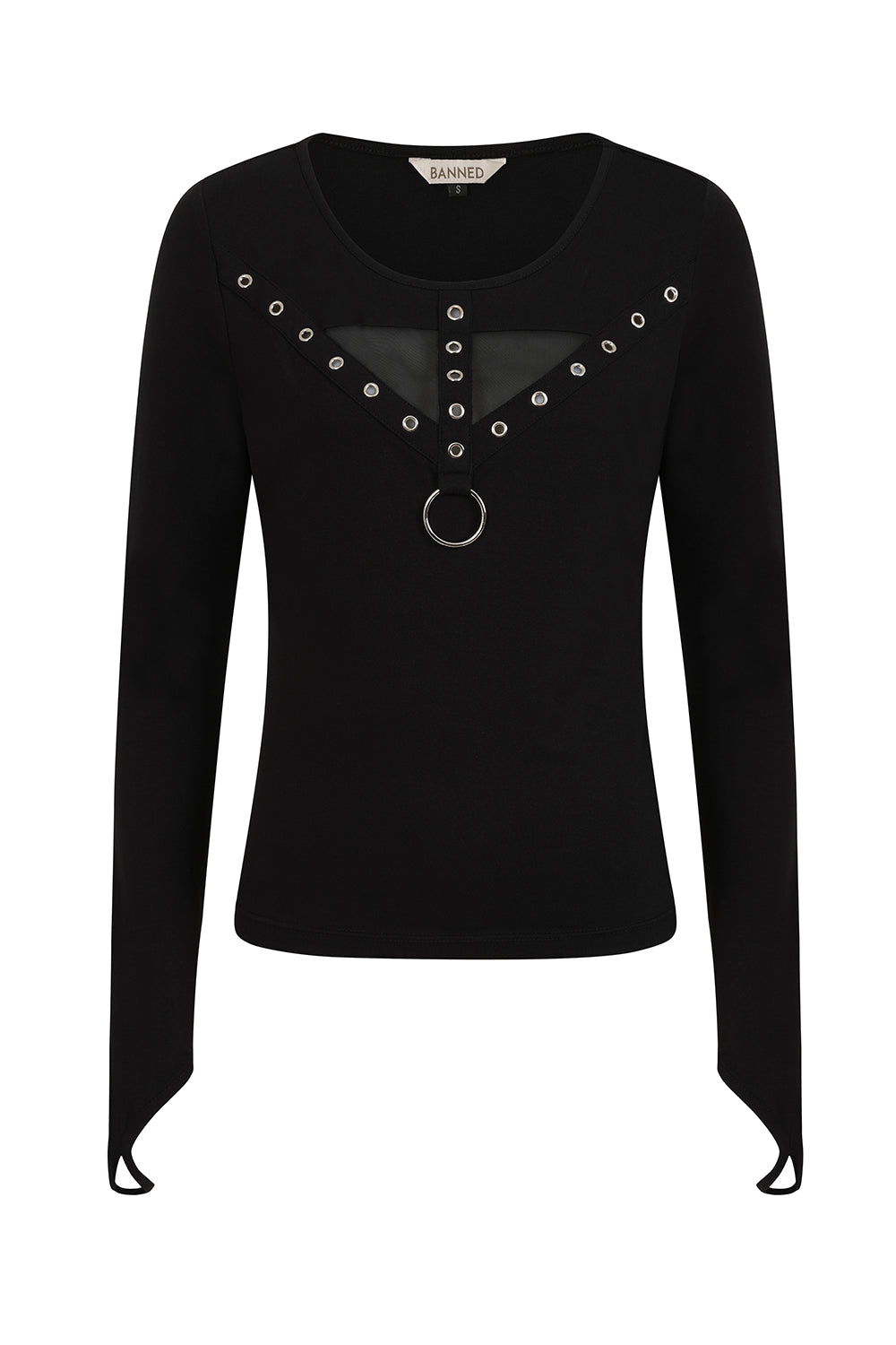 Schwarzes Oberteil Nocturna Top mit Mesheinsatz und Ring an der Vorderseite von Banned