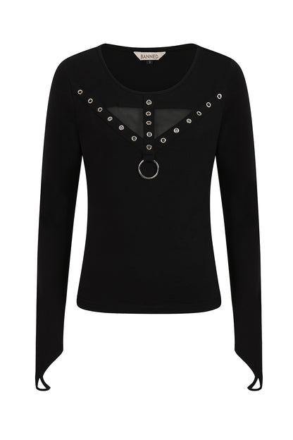 Schwarzes Oberteil Nocturna Top mit Mesheinsatz und Ring an der Vorderseite von Banned