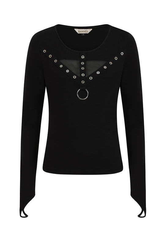 Schwarzes Oberteil Nocturna Top mit Mesheinsatz und Ring an der Vorderseite von Banned
