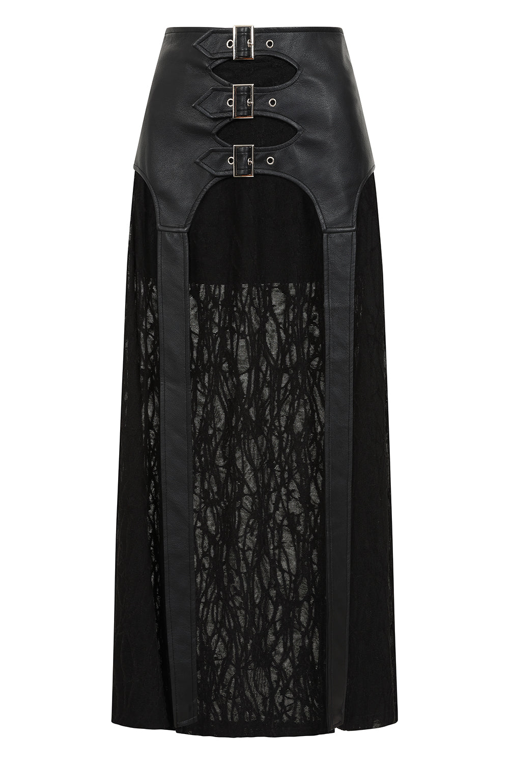 Schwarzer Rock Velkyn Long Skirt mit Mesh und Kunstlederelementen von Banned