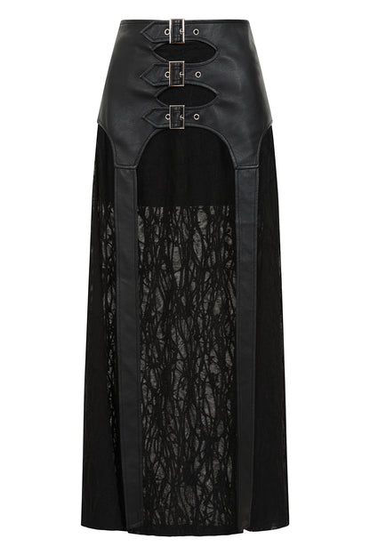 Schwarzer Rock Velkyn Long Skirt mit Mesh und Kunstlederelementen von Banned