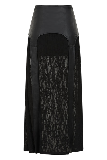 Schwarzer Rock Velkyn Long Skirt mit Mesh und Kunstlederelementen von Banned