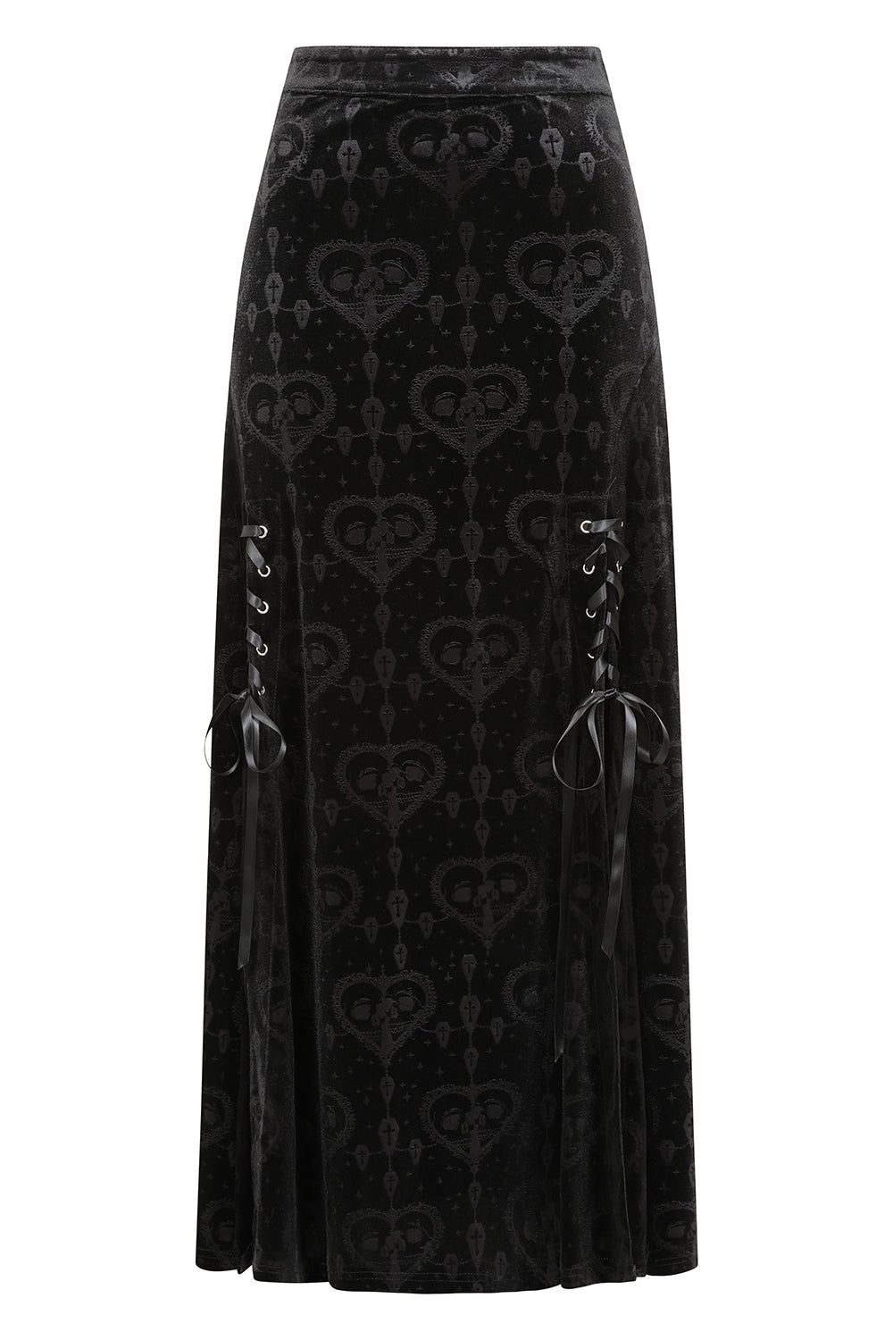Schwarzer Rock Trivia Long Skirt mit Samtstoff und Herz/Schädel Muster von Banned