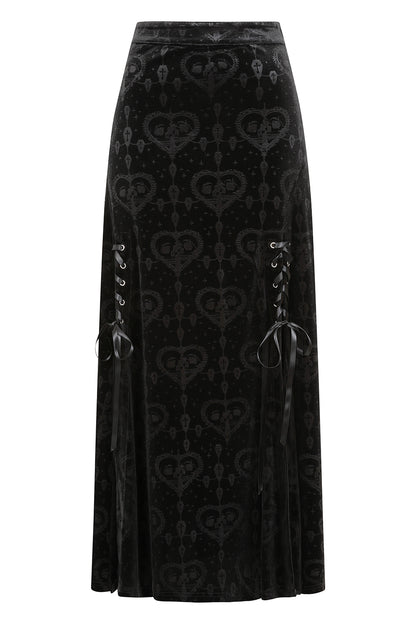 Schwarzer Rock Trivia Long Skirt mit Samtstoff und Herz/Schädel Muster von Banned