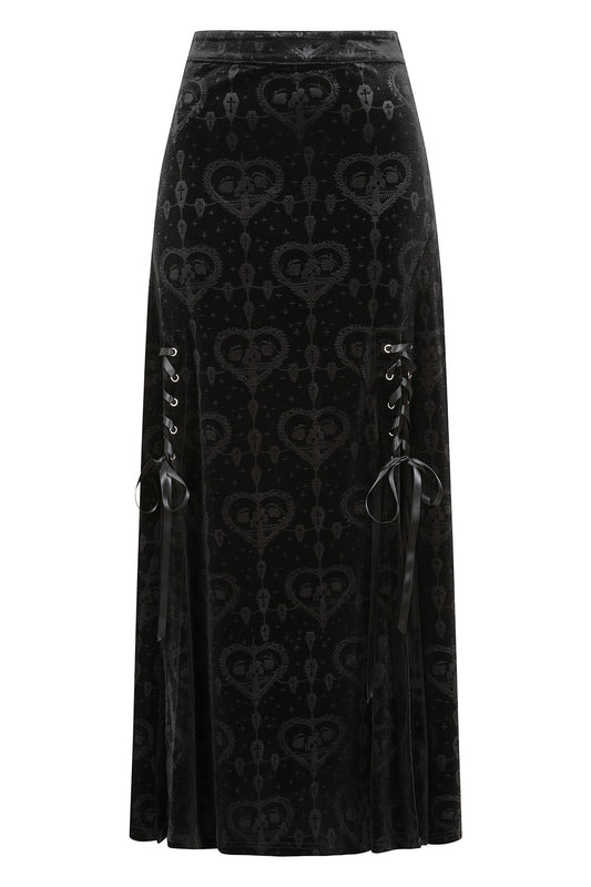 Schwarzer Rock Trivia Long Skirt mit Samtstoff und Herz/Schädel Muster von Banned