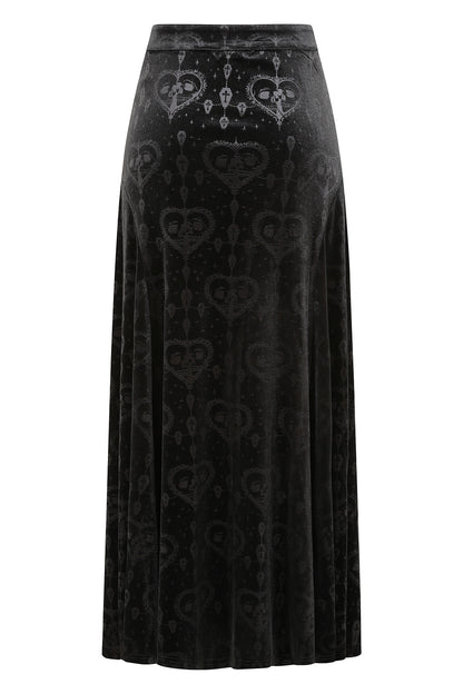 Schwarzer Rock Trivia Long Skirt mit Samtstoff und Herz/Schädel Muster von Banned