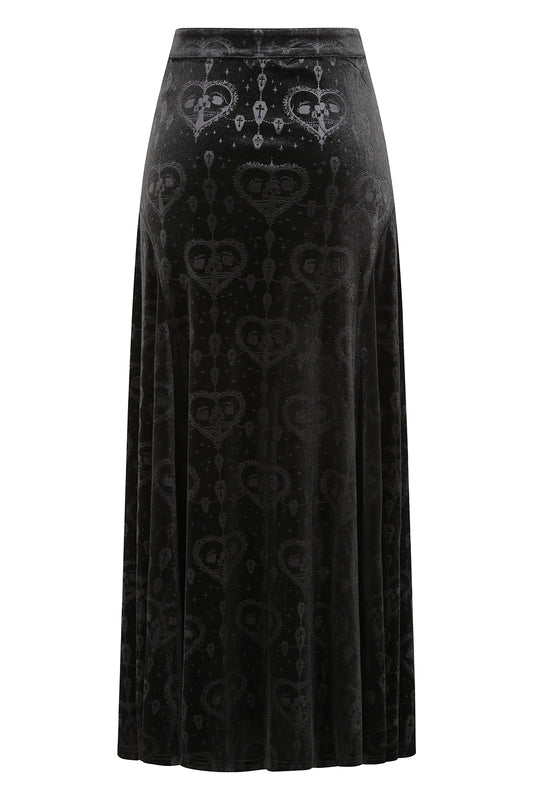 Schwarzer Rock Trivia Long Skirt mit Samtstoff und Herz/Schädel Muster von Banned