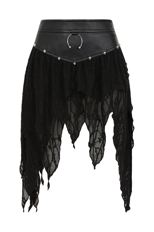 Schwarzer Rock Luxor Skirt in asymmetrischem Design mit Hufeisenring an der Vorderseite