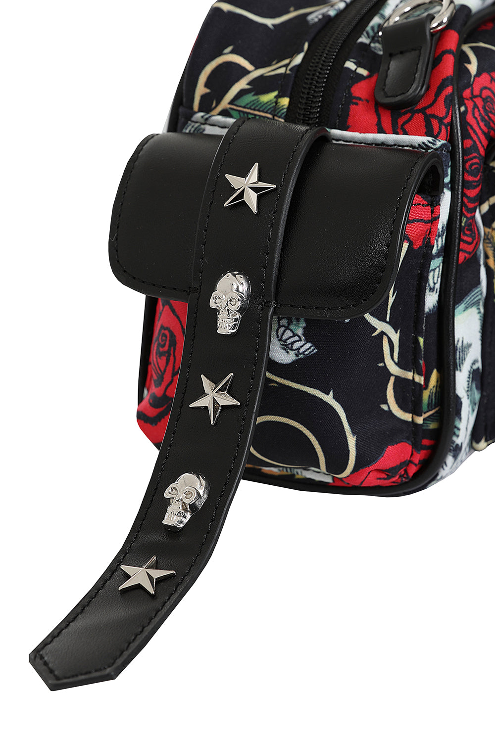 Schwarze Tasche Wicked Roses Bag mit Rosen und Schädelprint von Banned