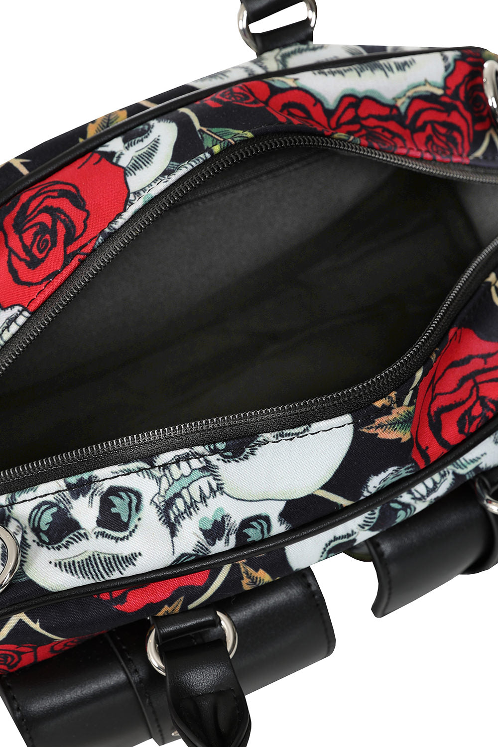 Schwarze Tasche Wicked Roses Bag mit Rosen und Schädelprint von Banned