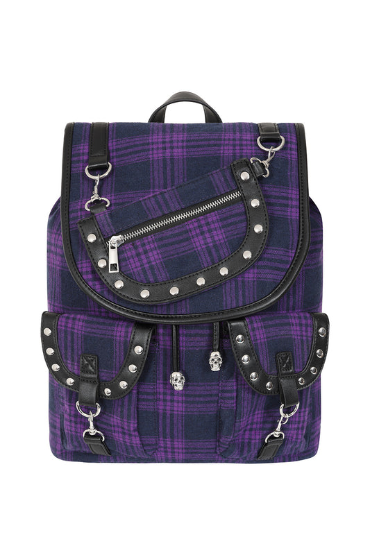Schwarzer Rucksack YAMY BACKPACK LAVENDER mit violettem kariertem Muster und mehreren Taschen von Banned