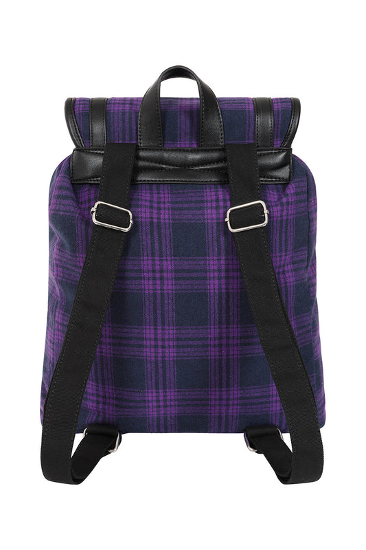 Schwarzer Rucksack YAMY BACKPACK LAVENDER mit violettem kariertem Muster und mehreren Taschen von Banned