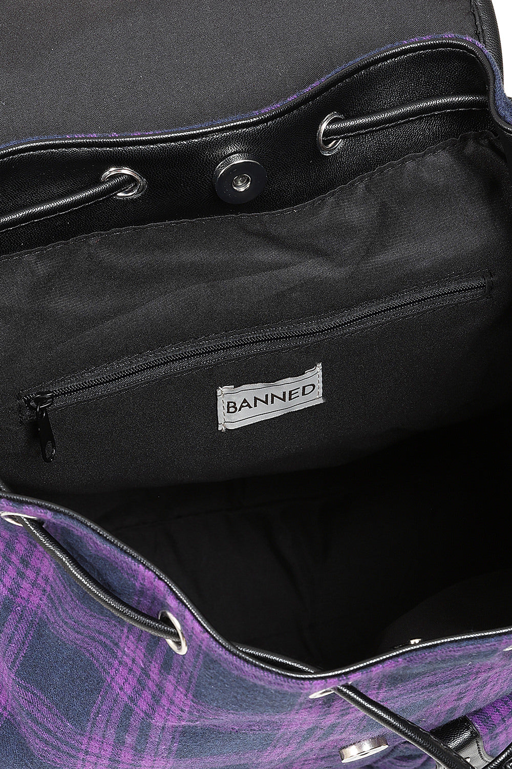 Schwarzer Rucksack YAMY BACKPACK LAVENDER mit violettem kariertem Muster und mehreren Taschen von Banned