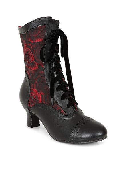 Rot-schwarze Stiefeletten Crimson Thorn Rose Boots mit Rosenmuster und Schnürung von Banned