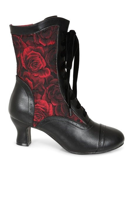 Rot-schwarze Stiefeletten Crimson Thorn Rose Boots mit Rosenmuster und Schnürung von Banned