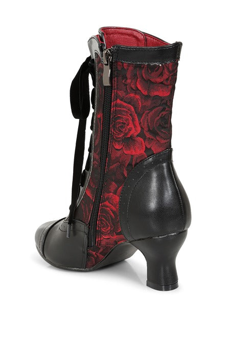 Rot-schwarze Stiefeletten Crimson Thorn Rose Boots mit Rosenmuster und Schnürung von Banned