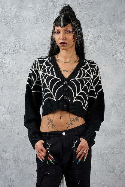 Schwarzer gestrickter Cardigan Web Of Night Cardigan Black/White mit Spinnennetzmuster von Banned