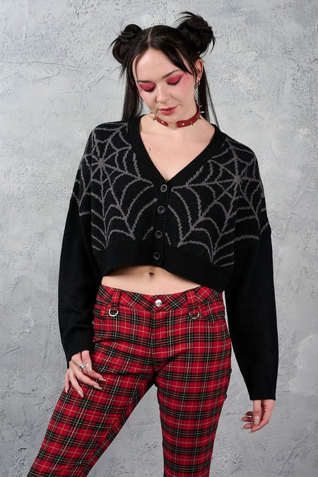 Schwarzer gestrickter Cardigan Web Of Night Cardigan Grey mit Spinnennetzmuster von Banned